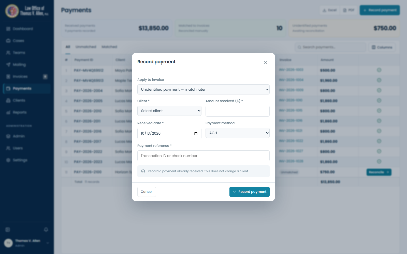 14 — Record received payment