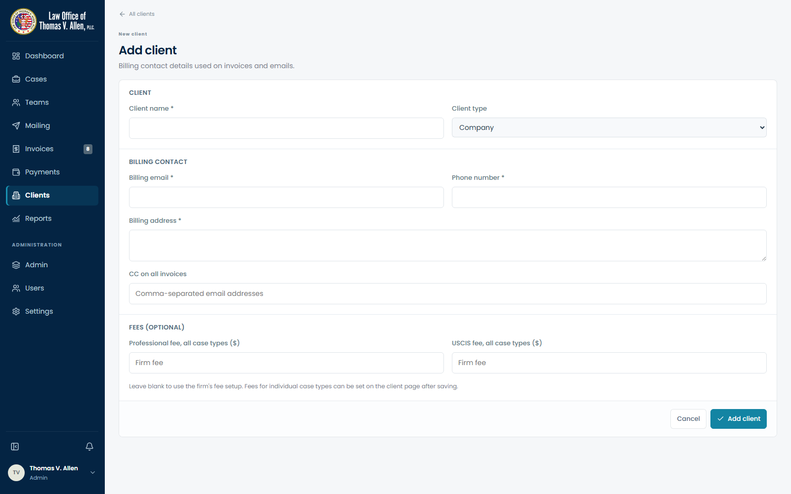 Client billing profile and fee overrides