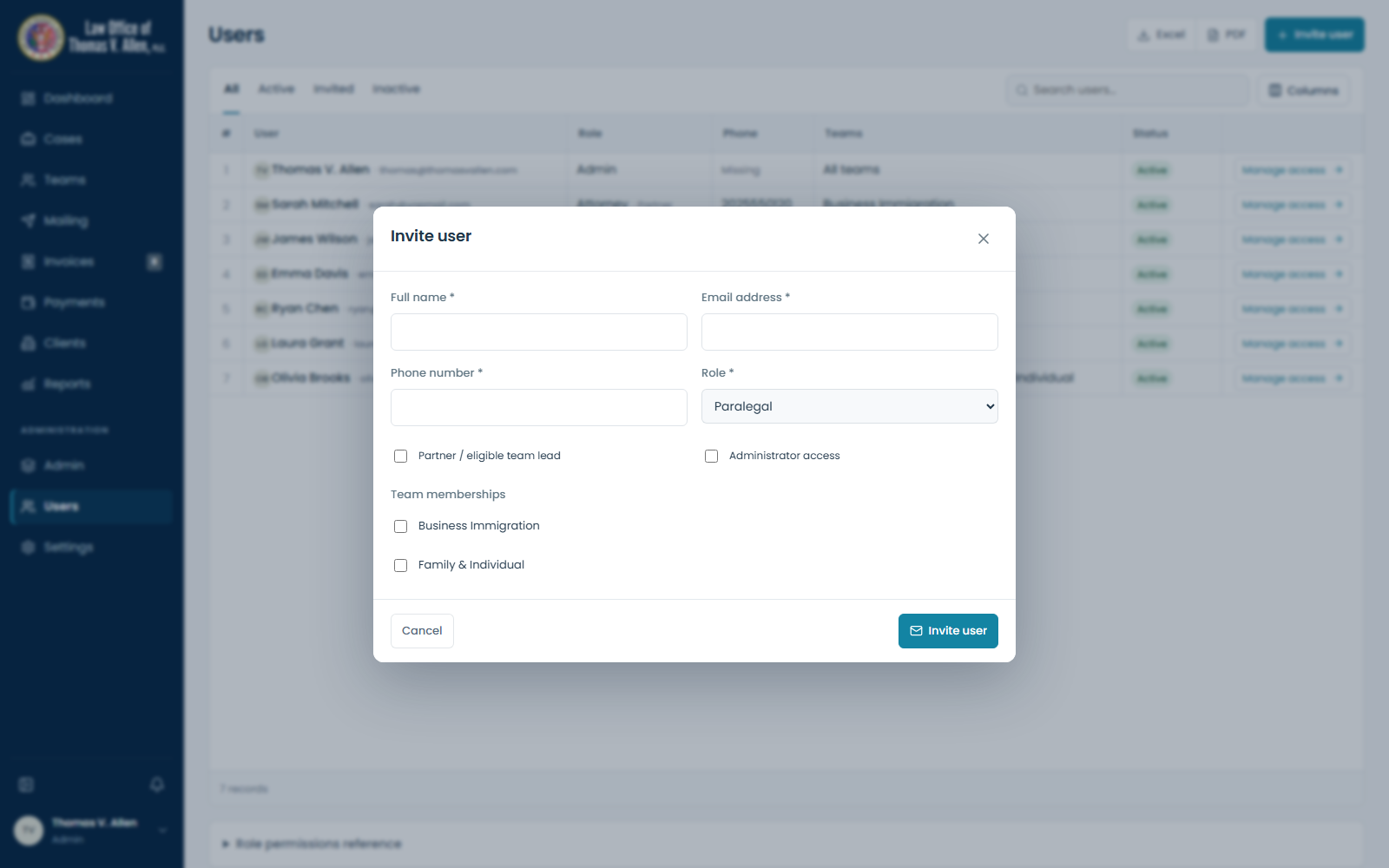User invitation and permissions